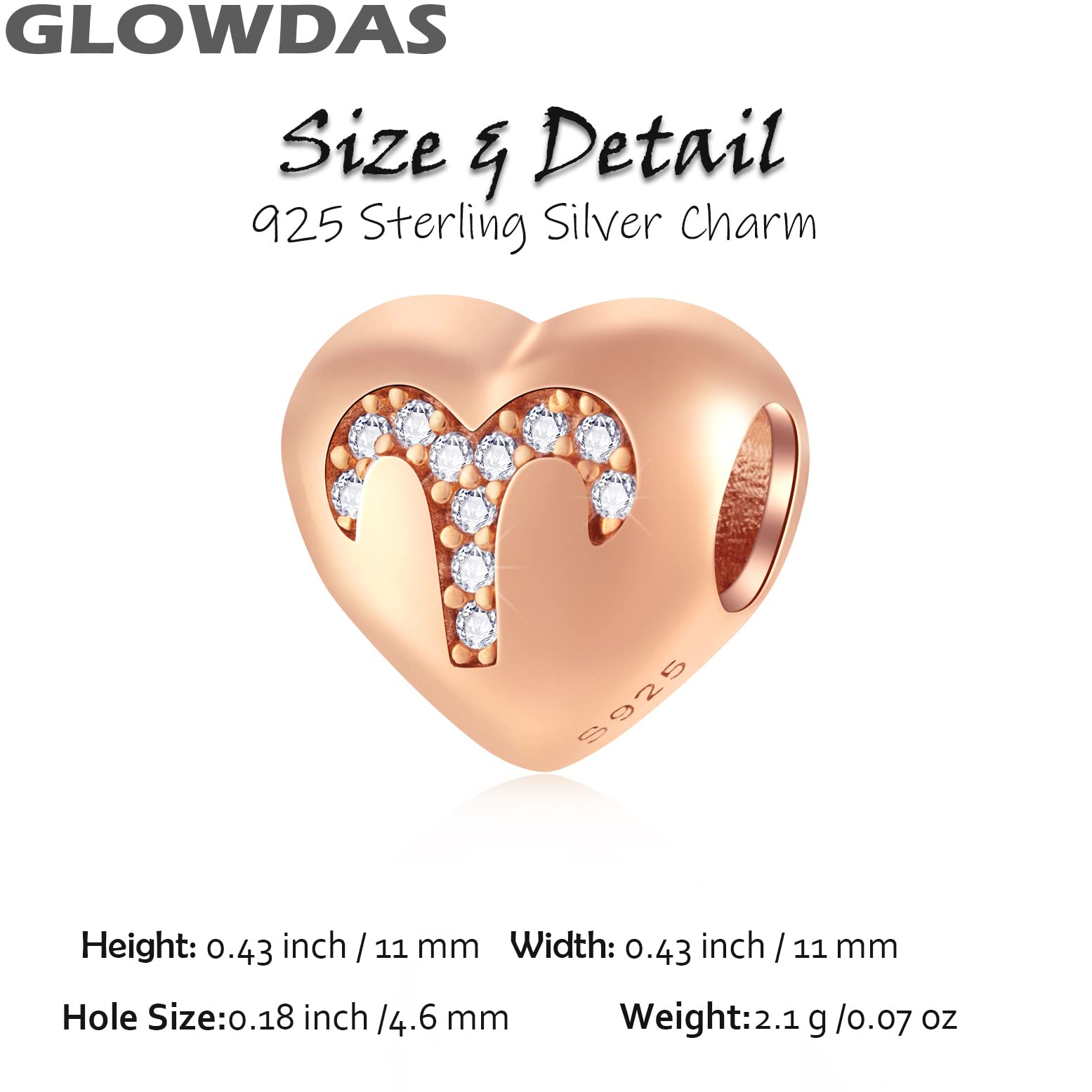 Rose Gold Aries Zodiac Sign Heart Charms fits Pandora Birthday Bracelet, 925 Sterling Silver 12 Star Constellation with Birthstone CZ Beads, Gifts for St. Patrick's Day/Easter