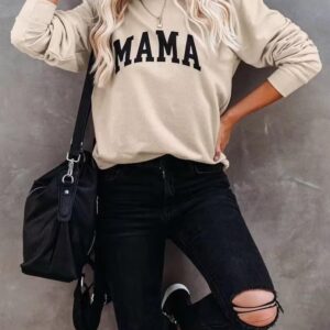 LEEDYA Women Cute Graphic Sweatshirts Crewneck Mama Shirts Long Sleeve Loose Fit Pullover Apricot Medium