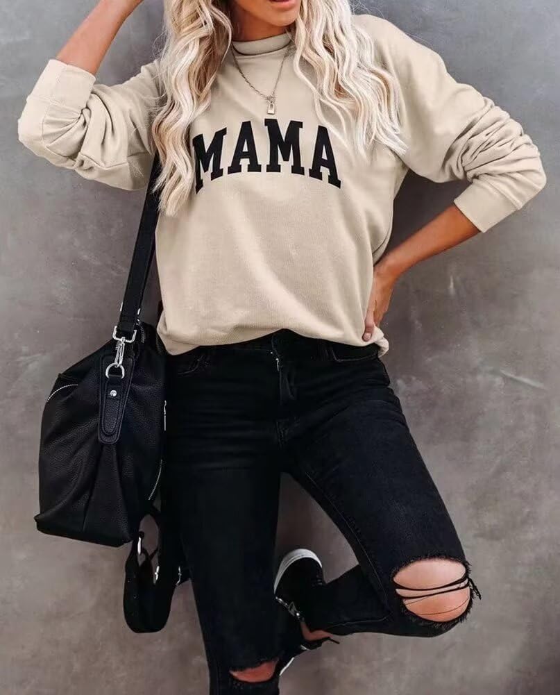 LEEDYA Women Cute Graphic Sweatshirts Crewneck Mama Shirts Long Sleeve Loose Fit Pullover Apricot Medium