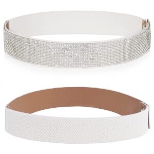 YooAi Rhinestone Elastic PU Leather Belt Shiny Crystal Stretch Waist Belt Wide Waist Band for Women Dress 95cm White