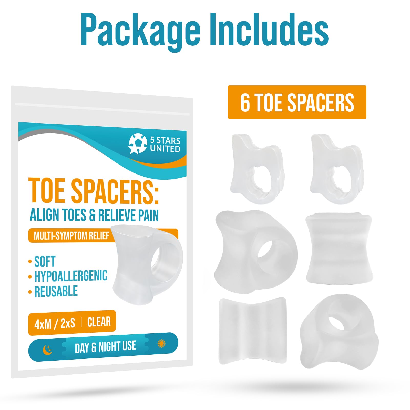 5 STARS UNITED Toe Spacers for Men and Women – 4 Gel Toe Separators for Curled and Overlapping Toes, Bunions, Hammer Toe Straightener, Big and Second Toe Spreader - White