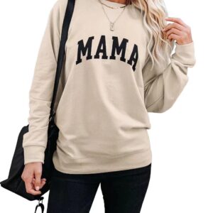 LEEDYA Women Cute Graphic Sweatshirts Crewneck Mama Shirts Long Sleeve Loose Fit Pullover Apricot Medium