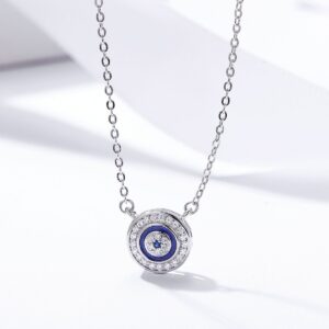 BISAER 925 Sterling Silver Lucky Evil Eye Necklace Blue Cubic Zirconia Pendant Necklaces for Women