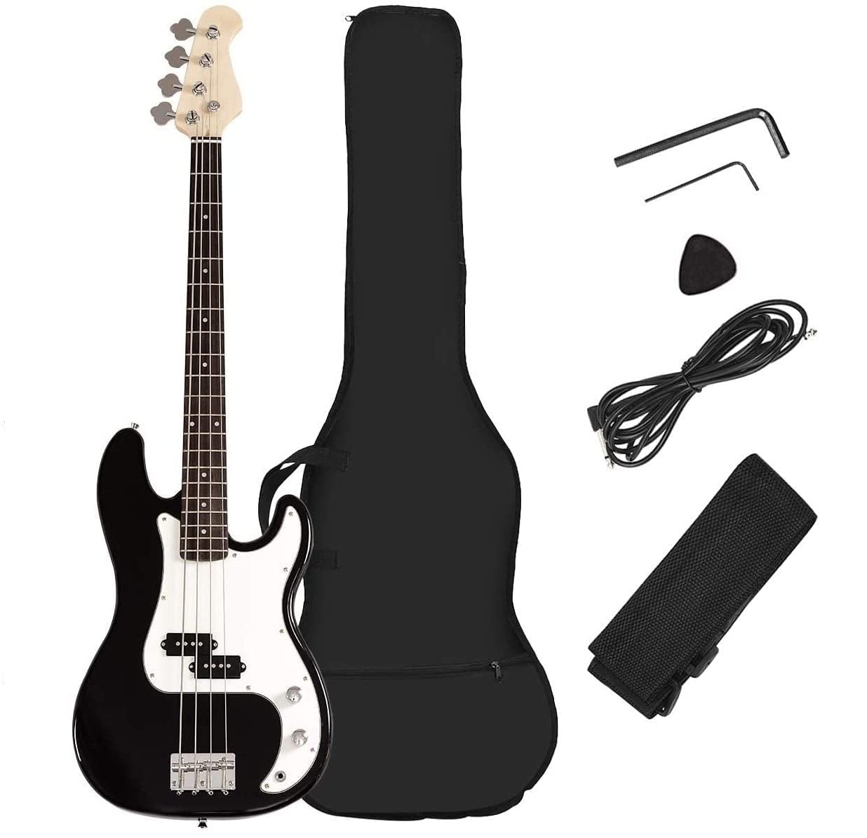 OLAKIDS Electric Bass Guitar Beginner Kit Full Size 4 String Exquisite Paulownia Burning Bass with Strap, Gig Bag, Amp Cord and Accessories (Black)