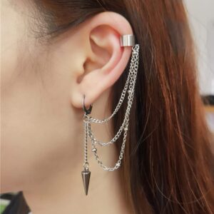 Vintage Tassel Dangle Ear Cuff Crawler Climber Earring for Women Stainless Steel Cartilage Small Hoop Wrap Vine Clip on Layered Chain Drop Fashion Lightweight Comfy Jewelry 1 Piece (Spike)