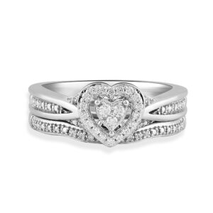 jewelili sterling silver 1/5 cttw natural white round diamond heart bridal set engagement ring, size 7