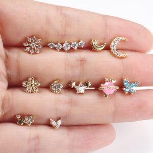 Sanfenly 11Pcs 16G Cartilage Earrings Studs Stainless Steel CZ Forward Helix Tragus Stud Earring Cute Butterfly Moon and Star Cartilage Daith Conch Ear Piercing Jewelry for Women