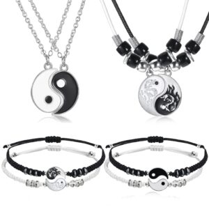 8 Pieces Matching Yin Yang Pendant Necklace Bracelet Set Couple Necklace Adjustable Cord Bracelet Black White Bracelet Accessories for BFF Friendship (Chic Style)