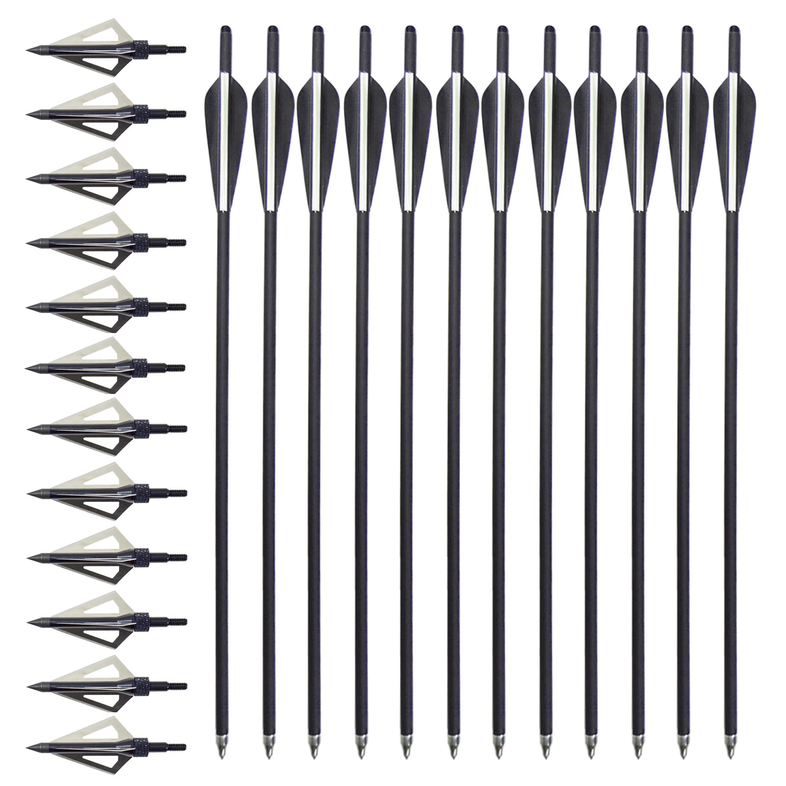 VNAKER 20 Inch Carbon Crossbow Bolts 12 Pack and Hunting Broadheads 12 Pack, Carbon Crossbow Arrows for Hunting and Outdoor Practice(Black)