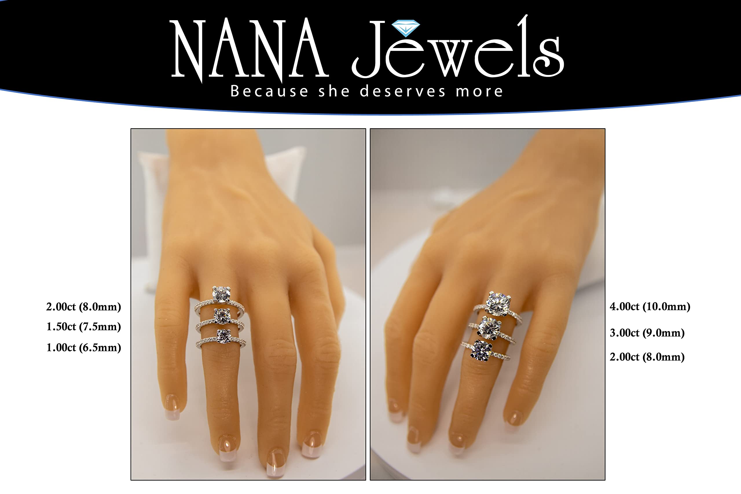 NANA Jewels 3.00ct Pure Brilliance Zirconia Engagement Ring Wedding Set Round Brilliant Cut Solitaire in Silver Size 7