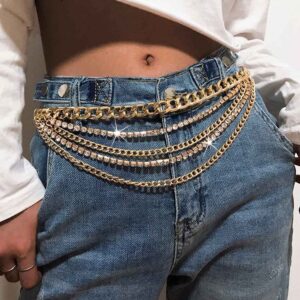 Cosydays Rhinestone Waist Chain Gold Metal Belt Layered Body Chain Crystal Belly Chain Party Sexy Body Jewelry for Women and Girls