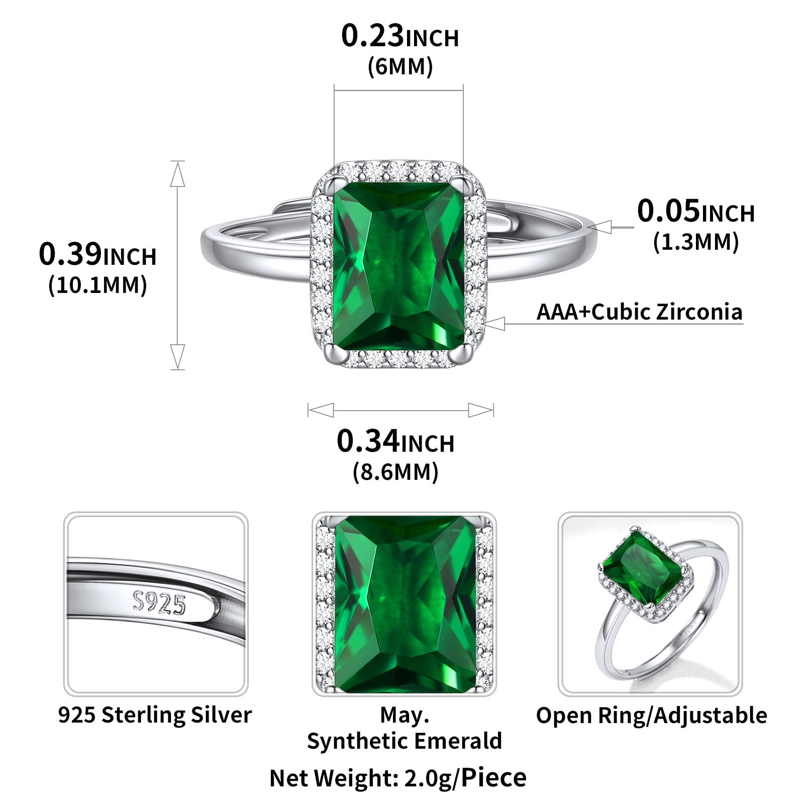 ChicSilver Emerald Cut Birthstone Ring, 925 Sterling Silver Simulated Green Emerald Rings for Women May Birthstone Jewelry