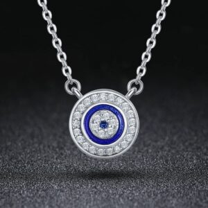 BISAER 925 Sterling Silver Lucky Evil Eye Necklace Blue Cubic Zirconia Pendant Necklaces for Women