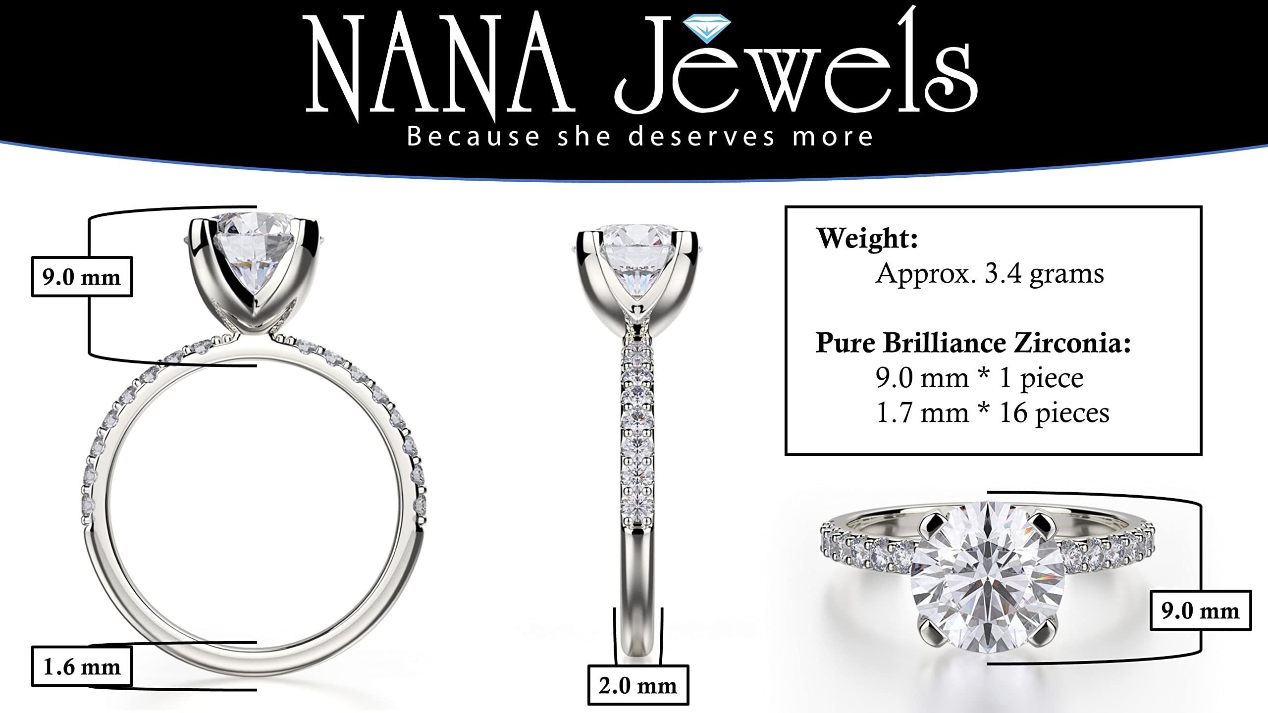 NANA Jewels 3.00ct Pure Brilliance Zirconia Engagement Ring Wedding Set Round Brilliant Cut Solitaire in Silver Size 7