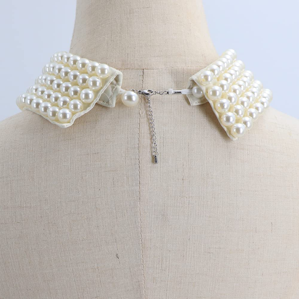 Zthread Vintage Beaded Collar Necklace Handmade Faux Pearl Collar Woman Fashion False Collar Necklace (Ivory+Extend Chain)