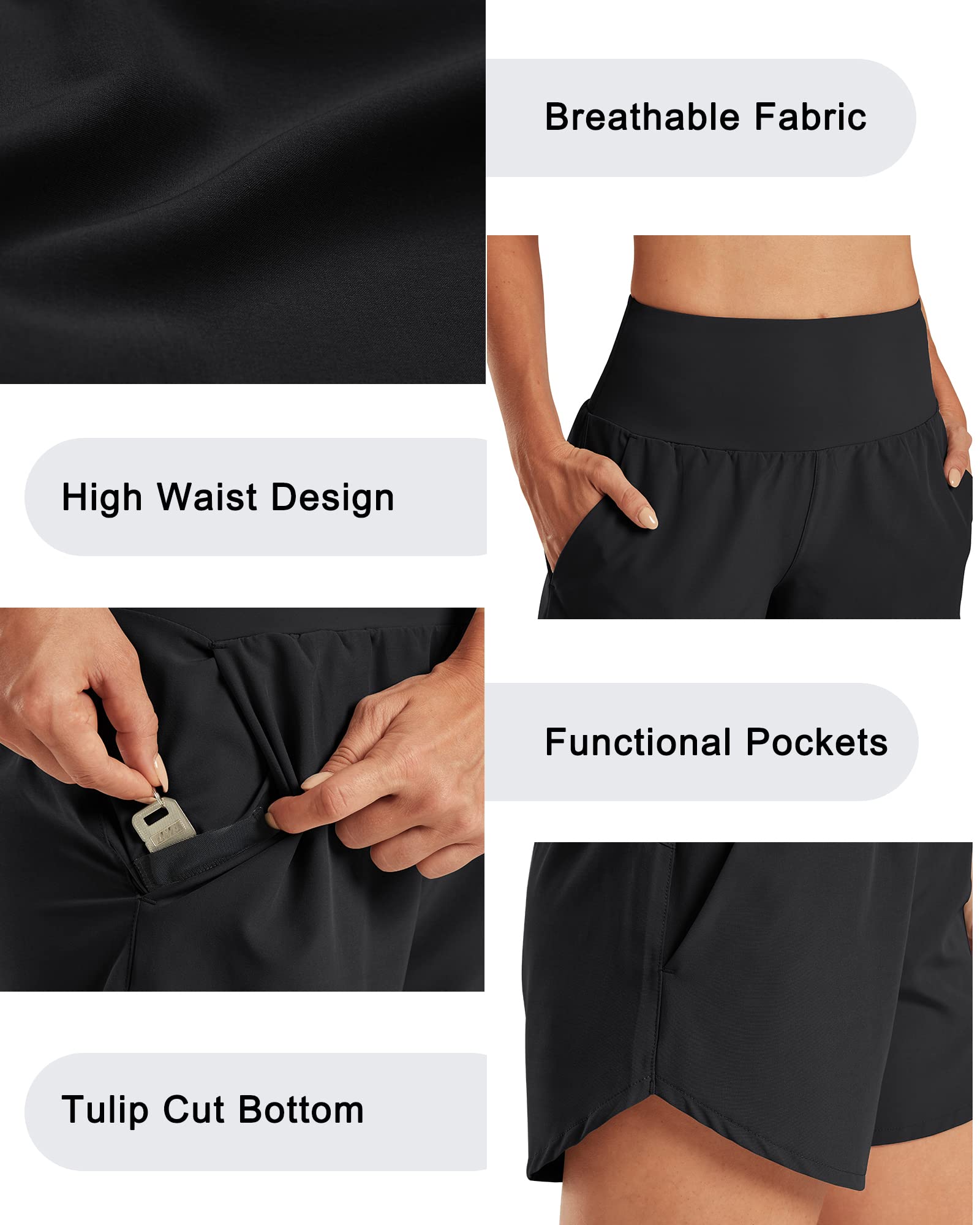 G4Free Athletic Shorts for Women 5 Inch Running Shorts with Pockets Quick Dry Workout Sports Tennis Shorts(Black,L)