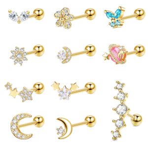 sanfenly 11pcs 16g cartilage earrings studs stainless steel cz forward helix tragus stud earring cute butterfly moon and star cartilage daith conch ear piercing jewelry for women