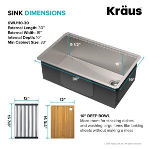 KRAUS Kore™ Workstation 30-inch Undermount 16 Gauge Single Bowl Stainless Steel Kitchen Sink with Accessories (Pack of 5) with WasteGuard™ Continuous Feed Garbage Disposal, KWU110-30-100-75MB