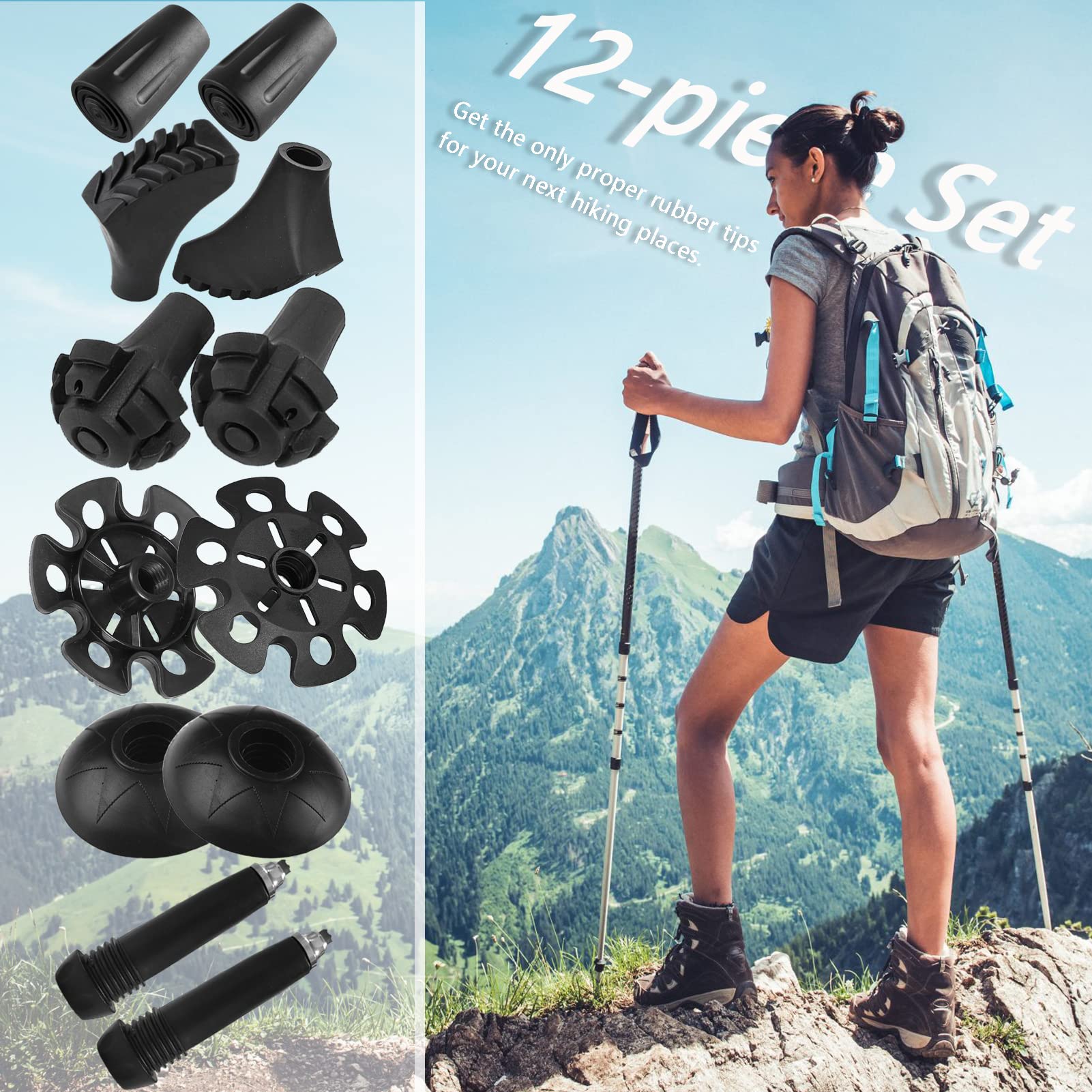 Favuit Hiking Pole Tips, Walking Stick Rubber Tips Trekking Poles 6Pcs Replacement Protectors Boot Tips Rubber Feet fits Most Standard Hiking Sticks 11mm Hole Diameter