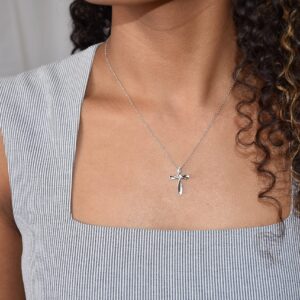 .925 Sterling Silver Birthstone Looped Cross Pendant Necklace - 18" Box Chain - March Aquamarine