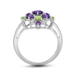 Jewelili Sterling Silver 4 MM Cushion Cut, 4x3 MM Oval and Round Amethyst with 4x3 MM Pear and Oval Cut Peridot and Diamond Accent Engagement Ring Size 7