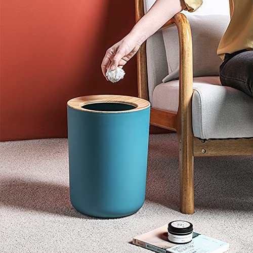 ETRAVEL Small Round Plastic Trash Can Wastebasket, Garbage Can Bin Trash can with Bamboo Top Lid --for Bathrooms, Kitchens, Home Offices,Can hide the garbage bags --12L (Turquoise)