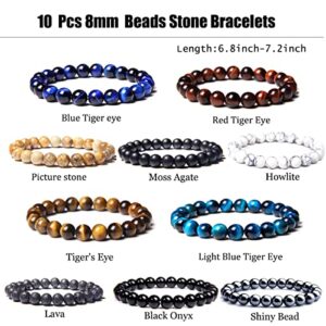 SONNYX 10 Pcs 8mm Semi-Precious Gemstones Bracelets Round Beaded Bracelets for Men Women Stone Crystal Stretch Beaded Bracelet Unisex