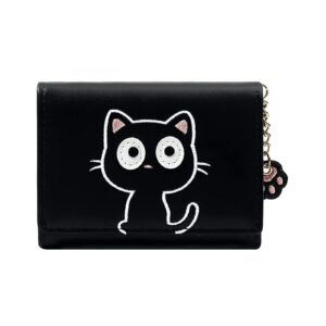 sunwel fashion cute little cat pattern small wallet credit card holder cash pockets id window with paw pendant (black, tri-fold)