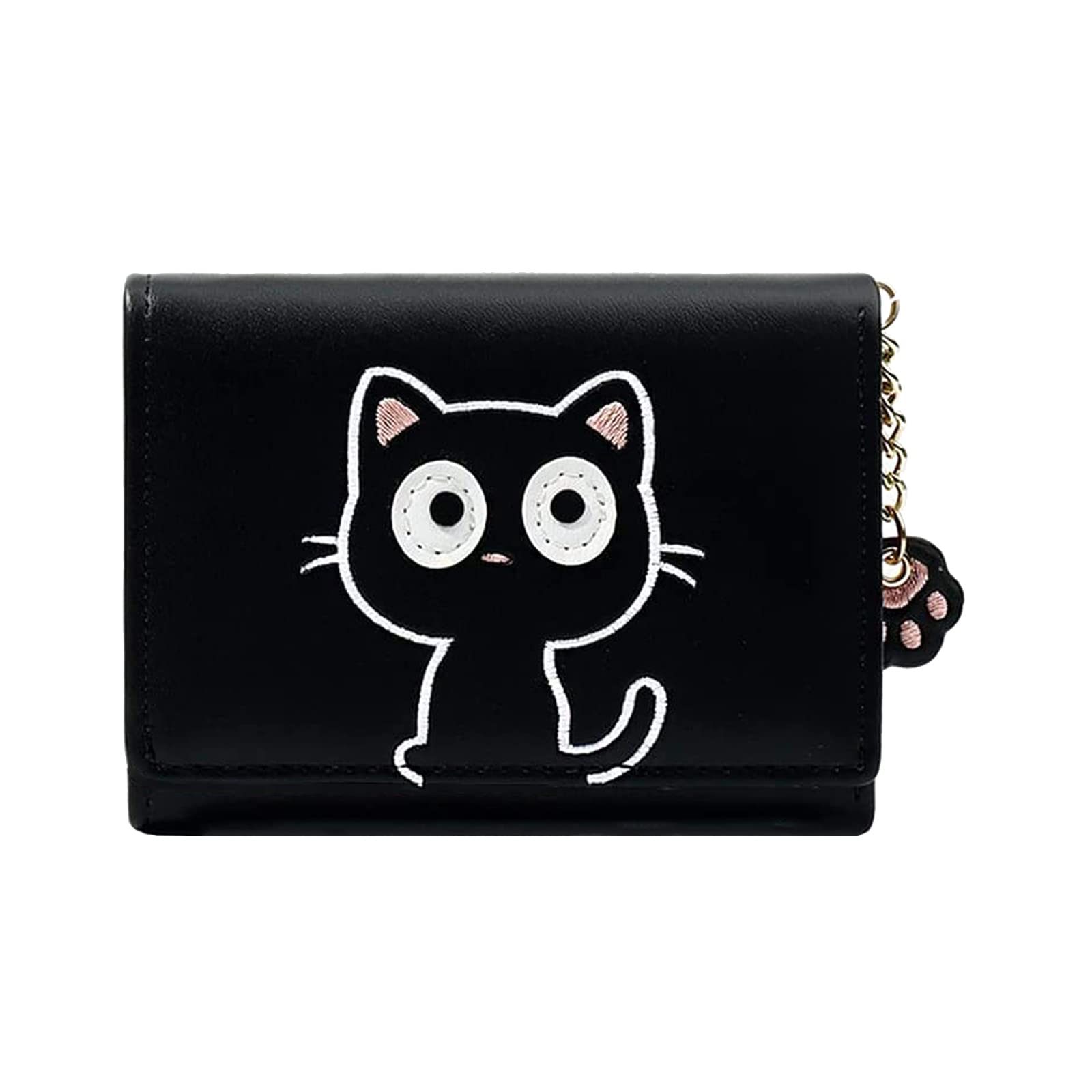 Sunwel Fashion Cute Little Cat Pattern Small Wallet Credit Card Holder Cash Pockets ID Window with Paw Pendant (BLACK, Tri-fold)