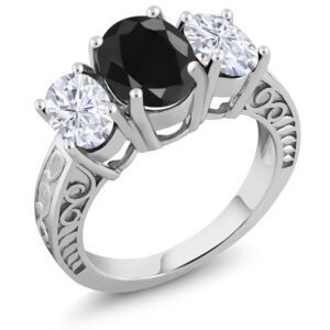 gem stone king 925 sterling silver oval black sapphire and white moissanite 3-stone women ring (4.30 cttw, available in size 5, 6, 7, 8, 9)