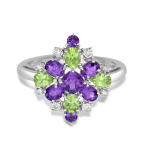 Jewelili Sterling Silver 4 MM Cushion Cut, 4x3 MM Oval and Round Amethyst with 4x3 MM Pear and Oval Cut Peridot and Diamond Accent Engagement Ring Size 7