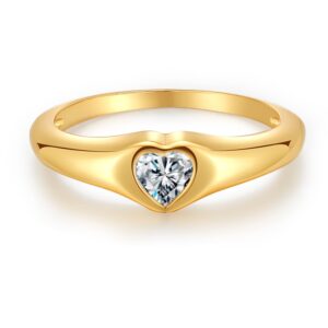 espere cubic zirconia heart inlay signet ring 18k gold plated | minimal dainty pinky ring | simple small stackable heart ring promise ring birthday gift for her [size 3]