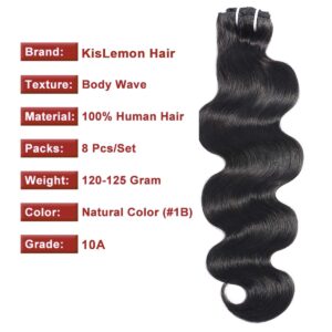 Kislemon Clip in Hair Extensions #1B Natural 10A Body Wave 100% Unprocessed Virgin Human Hair Cheap 8 Pieces/Lot 125g with 16 Clips(26 Inch)