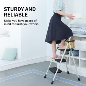 3 Step Ladder, RIKADE Folding Step Stool, Step Stool with Wide Anti-Slip Pedal, Lightweight, Portable Folding Step Ladder with Handgrip, Multi-use Steel Ladder for Household and Office