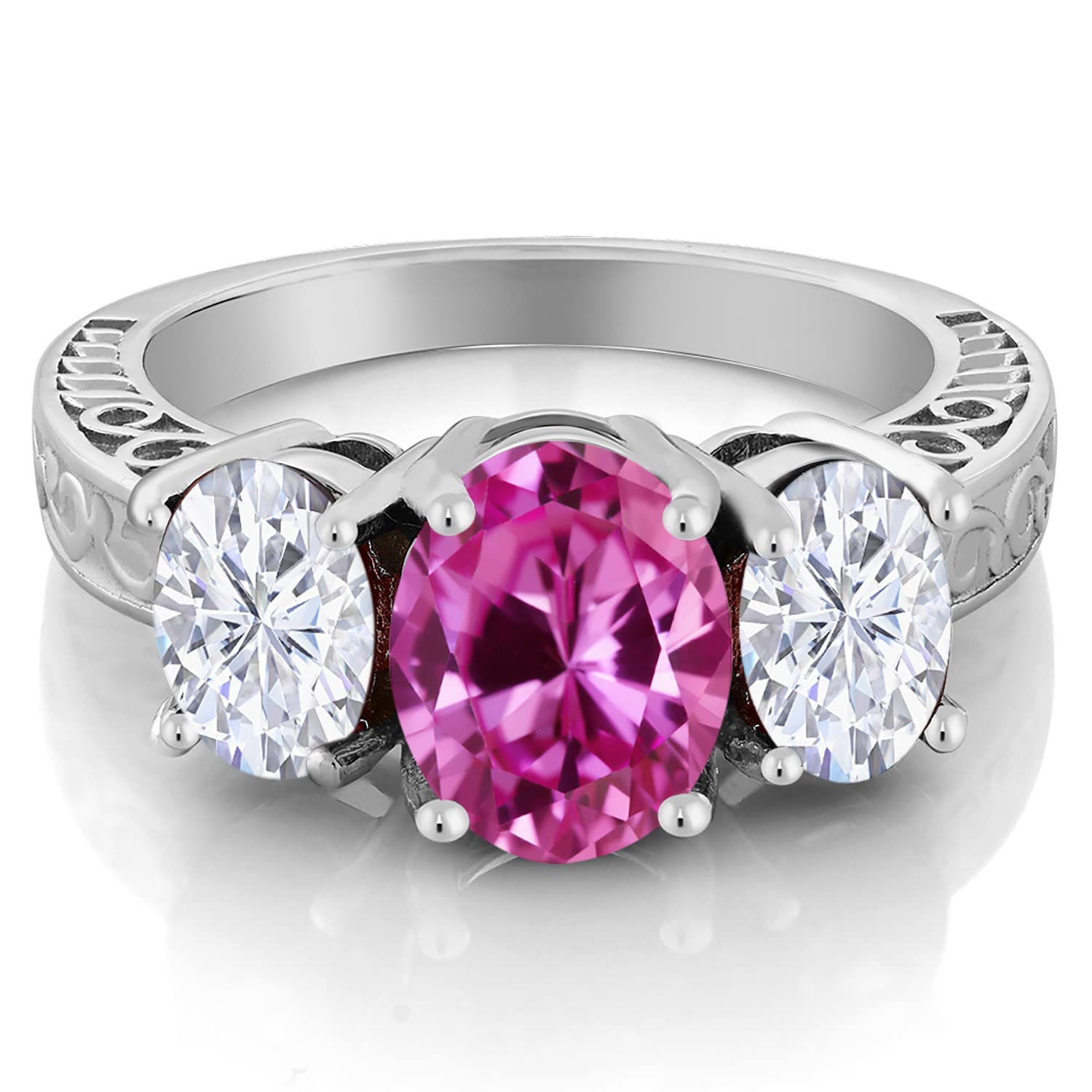 Gem Stone King 925 Sterling Silver Oval Pink Created Sapphire and Moissanite 3 Stone Ring for Women (2.80 Cttw, Available In Size 5, 6, 7, 8, 9)