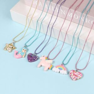 G.C 12 Pcs Necklaces Bracelets Set with Cute Mermaid Unicorn Heart Star Rainbow Charms Kids Gift Toy Party Favors Pretend Play Dress up Colorful Friendship Costume Jewelry for Little Girls Toddler