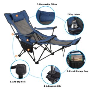 LEADALLWAY Camping Folding Chair with Foot Rest, Collapsible Camp Chair with Cup Holder and Removable Storage Bag, Heavy Duty Beach Chair for Outdoor Camp, Picnic, Travel, Fishing(Blue)