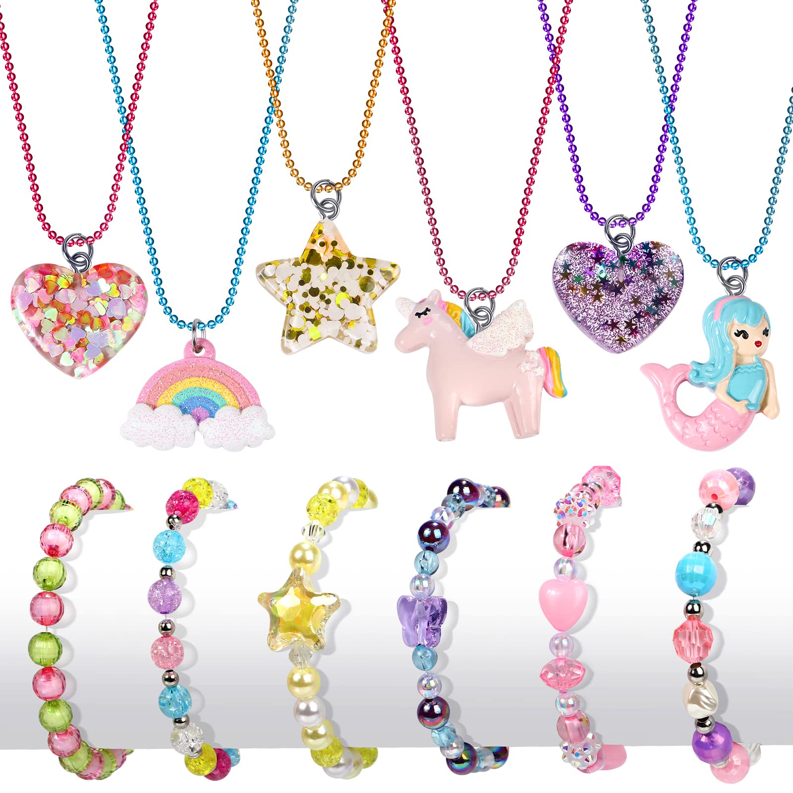 G.C 12 Pcs Necklaces Bracelets Set with Cute Mermaid Unicorn Heart Star Rainbow Charms Kids Gift Toy Party Favors Pretend Play Dress up Colorful Friendship Costume Jewelry for Little Girls Toddler