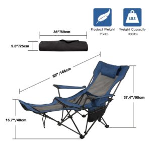 LEADALLWAY Camping Folding Chair with Foot Rest, Collapsible Camp Chair with Cup Holder and Removable Storage Bag, Heavy Duty Beach Chair for Outdoor Camp, Picnic, Travel, Fishing(Blue)