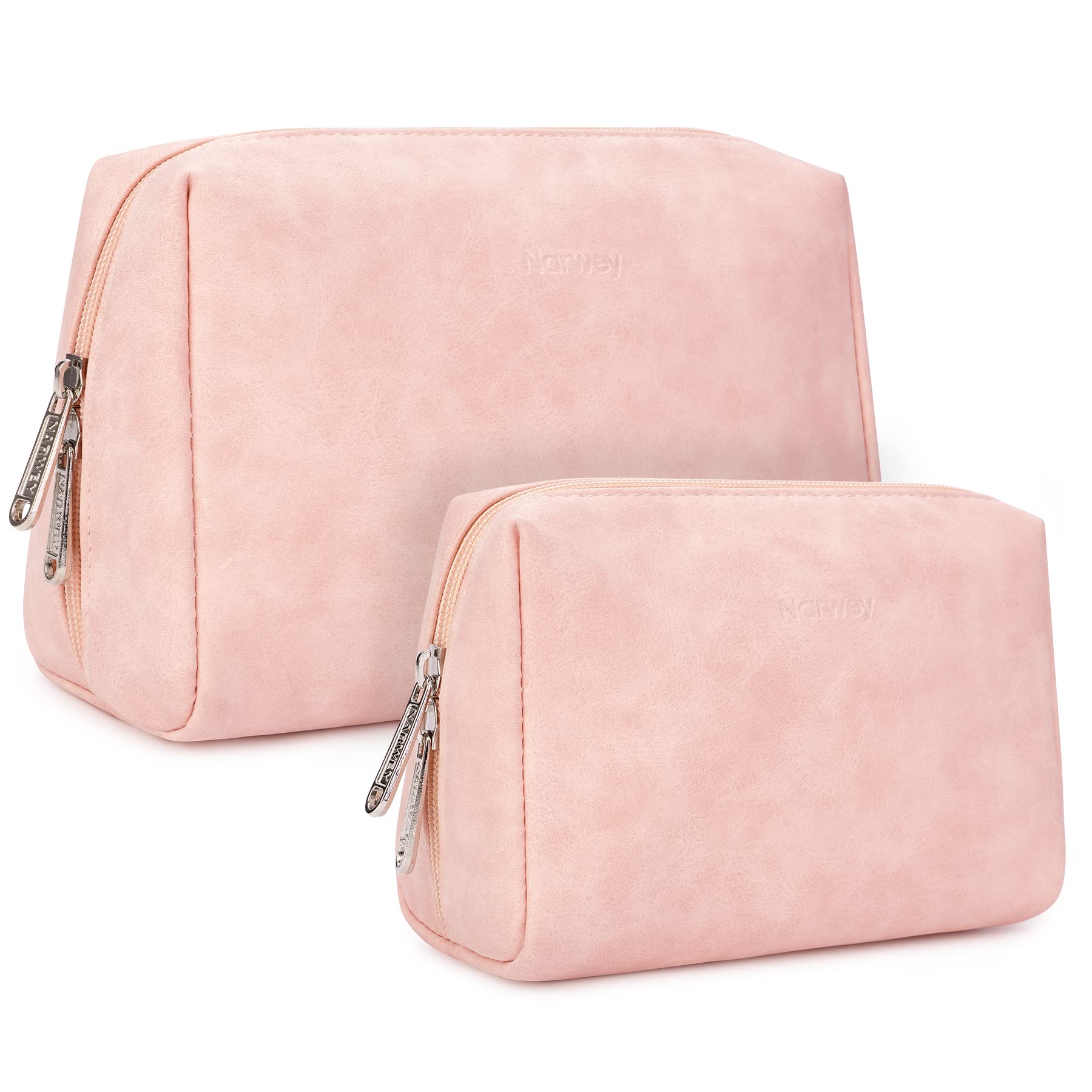 2 Pack Vegan Leather Makeup Bag Zipper Pouch Travel Cosmetic Organizer for Women (Large (Pack of 2), Orange Pink)