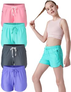 4 pack youth girls athletic shorts 3", girls soccer shorts, kids workout gym clothes activewear apparel with zipper pockets (set 1, small)