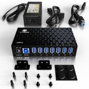 7 Port USB 3.0 Hub - Powered USB Hub –Multiple USB Splitter with Built-in 12V/3A/36W Power Adapter - Up to 5Gbps Sync & High-Speed Data Transfer - Mounting Brackets for Phone MB Laptop Tablet PC