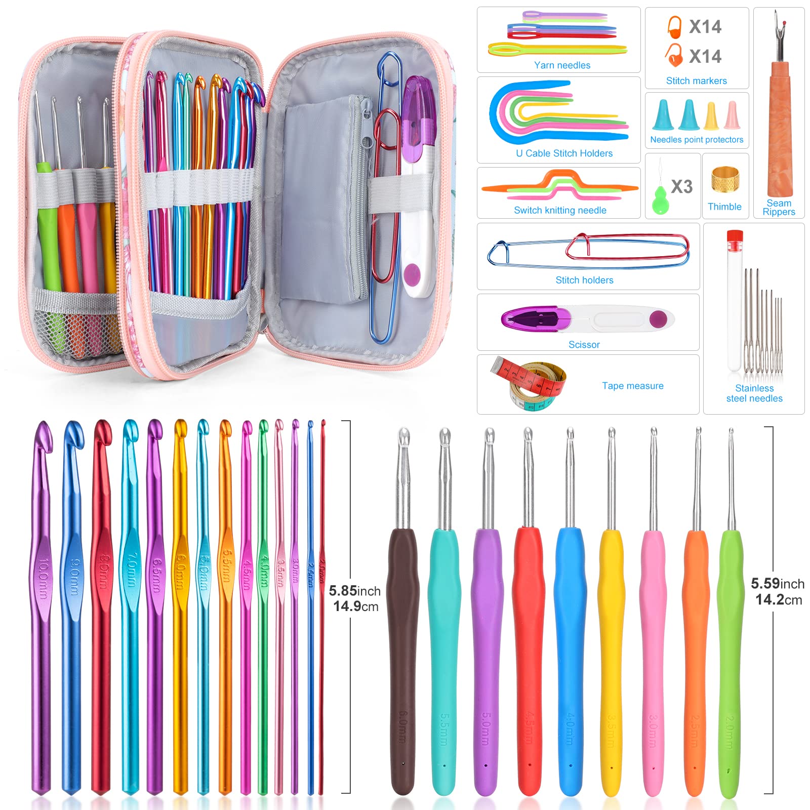 Vodiye Crochet Hooks, 89 Pcs Crochet Hooks Set with Case, Coloured Ergonomic Crochet Hooks and Crochet Needle Accessories, Crochet Needles Kit for Beginners and Experienced Crochet Hook Lovers