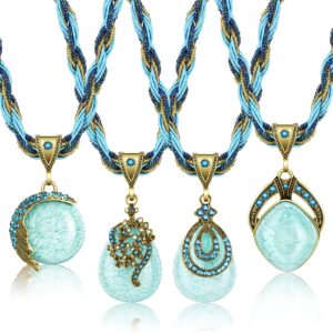 MTLEE Turquoise Necklace 4 Pieces Women Bohemian Necklaces for Gifts Christmas Vintage Turquoise Jewelry Chunky Jewelry for Women Necklaces Set Retro Pendant Rhinestone Collar