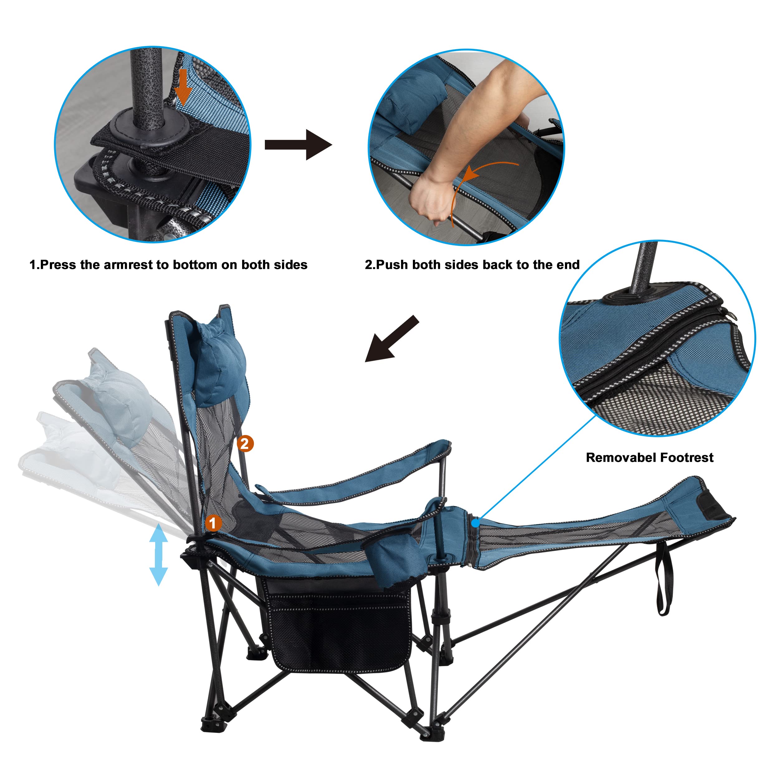 LEADALLWAY Camping Folding Chair with Foot Rest, Collapsible Camp Chair with Cup Holder and Removable Storage Bag, Heavy Duty Beach Chair for Outdoor Camp, Picnic, Travel, Fishing(Blue)