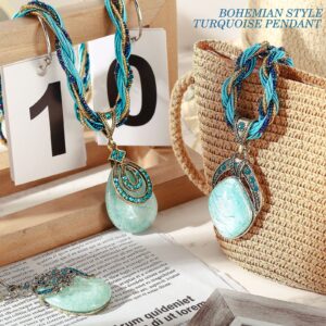 MTLEE Turquoise Necklace 4 Pieces Women Bohemian Necklaces for Gifts Christmas Vintage Turquoise Jewelry Chunky Jewelry for Women Necklaces Set Retro Pendant Rhinestone Collar