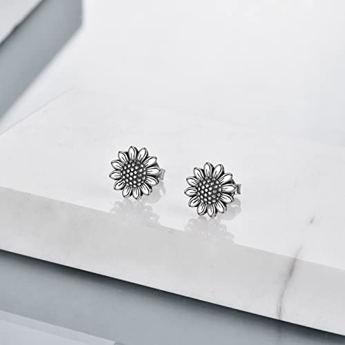 POPLYKE 925 Sterling Silver Antiqued Sunflower Stud Earrings Bohemian Oxidation Sunflower Earrings for Women Mother Birthday Halloween