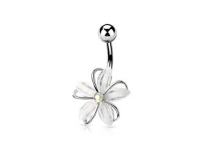 cz center wire set white flower 316l surgical steel belly button navel ring (steel)