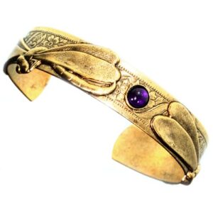 Elaine Coyne Collectible Artwear Antiqued Gold Brass Dragonflies Cuff - Amethyst, Made in USA