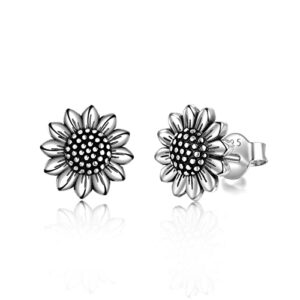 poplyke 925 sterling silver antiqued sunflower stud earrings bohemian oxidation sunflower earrings for women mother birthday halloween